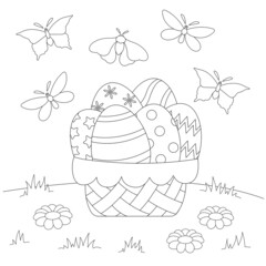 Basket with Easter eggs coloring page for childrens vector illustration