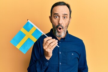 Middle age hispanic man holding sweden flag scared and amazed with open mouth for surprise,...