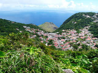 Wide, panoramic view of village in Saba, Dutch Antilles