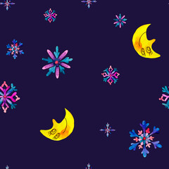 Obraz na płótnie Canvas Seamless pattern of snowflakes and a month on a dark background . Watercolor illustration . Children's illustration. Ideal for winter postcards, banners.
