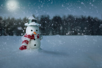 Snowman in a black hat and a red-white scarf standing at night in a snow-covered field near a pine forest lit by moonlight.