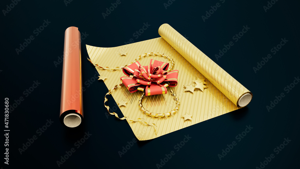 Poster bright present wrapping paper on dark bg - object 3d rendering