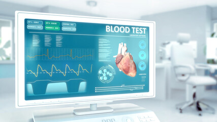 blood sample test on monitor in hi-tech hospital room - computer generated industrial 3D rendering