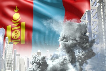 large smoke column in abstract city - concept of industrial blast or terroristic act on Mongolia flag background, industrial 3D illustration