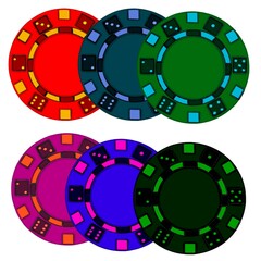 Vector drawn illustration of different poker chips in color, gambling element