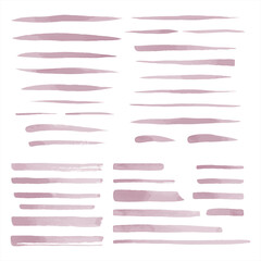 Mauve, pale purple vector watercolor brush strokes set. Uneven lines, brushstrokes, stripes, underlines, doodle streaks, smears. Hand drawn creative design elements collection, text backgrounds. 