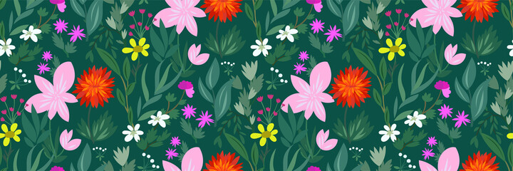 Fototapeta na wymiar Vector pattern with flowers and plants on a green background. Colorful Floral print. Original floral seamless pattern in a hand-drawn style . Bright forest summer, spring botanical elements. Vector.