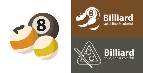 Billiard balls isolated flat icon with sport solid, line icons