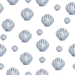 Seashell marine watercolor seamless pattern. Template for decorating designs and illustrations.
