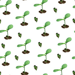 Sprout from the ground watercolor seamless pattern. Template for decorating designs and illustrations.