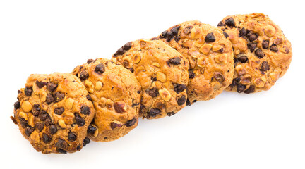 cookies with chocolate and hazelnuts on a white background