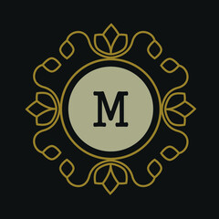 elegant and classy letter M monogram with law pillars element, luxury letter M logo template