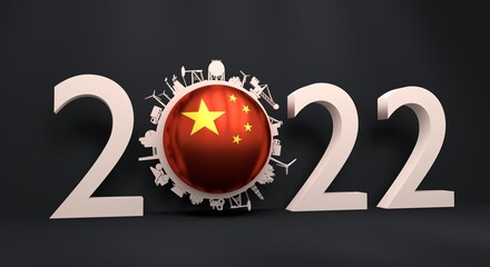 2022 year number with industrial icons around zero digit. Flag of China.