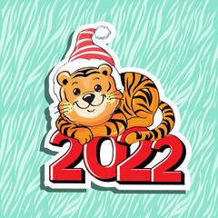 New year and christmas card with cute baby tiger. Vector illustration of a cartoon symbol of the Chinese year 2022