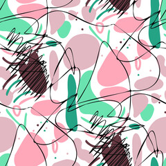 Seamless vector pattern with abstract modern doodles. Bright summer print. Trendy colorful background. Vintage geometric doodles.	