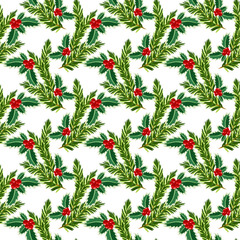 Vector - winter plant with holly , fir and berries, seamless pattern.