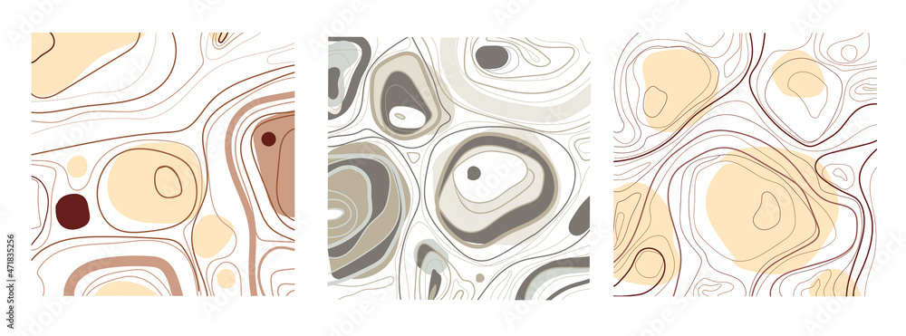 Poster set of three abstract backgrounds. hand-drawn in various simple shapes, lines and spots in pastel co
