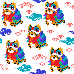 Happy chinese new year greeting card and cute tigers collection. Chinese lettering Happy New Year. Vector illustration