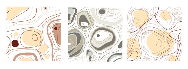 Set of three abstract backgrounds. Hand-drawn in various simple shapes, lines and spots in pastel colors. Modern vector illustration. Each background is isolated on white. Artistic wall design.