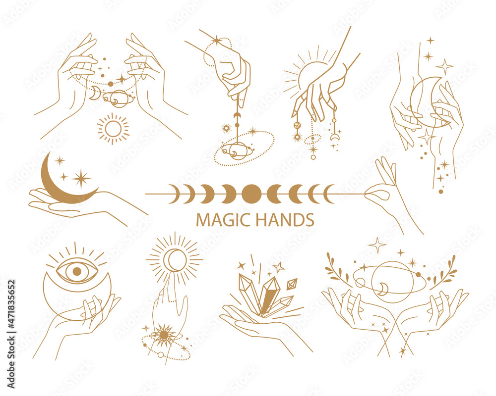 Wall mural set of icons and logo with female magical hands. one line vector illustration. trend mystical concep