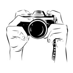 Male hands are holding a camera. Vector illustration isolated. Modern trend in one line doodle for t-shirt