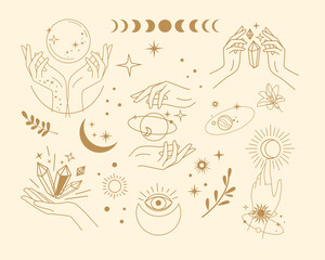 Set with female magical hands. Icons and logos trend one line vector illustration. Moden mystical concept