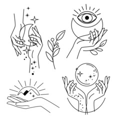 Collection of icons and logo with female hands. One line vector illustration. Trend mystical concept