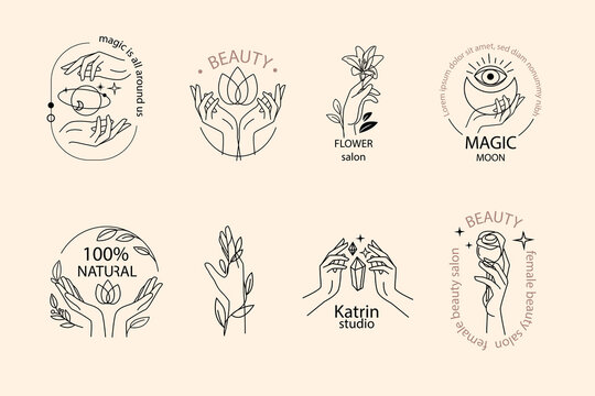 Icons and logo with female hands collection. One line vector illustration. Trend mystical and natural concept
