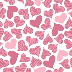  Seamless pattern with hand drawn pink heards on the white background. Design for fashion, fabric, textile, packaging paper, gift paper and a print on a different product. Happy Valentines day.