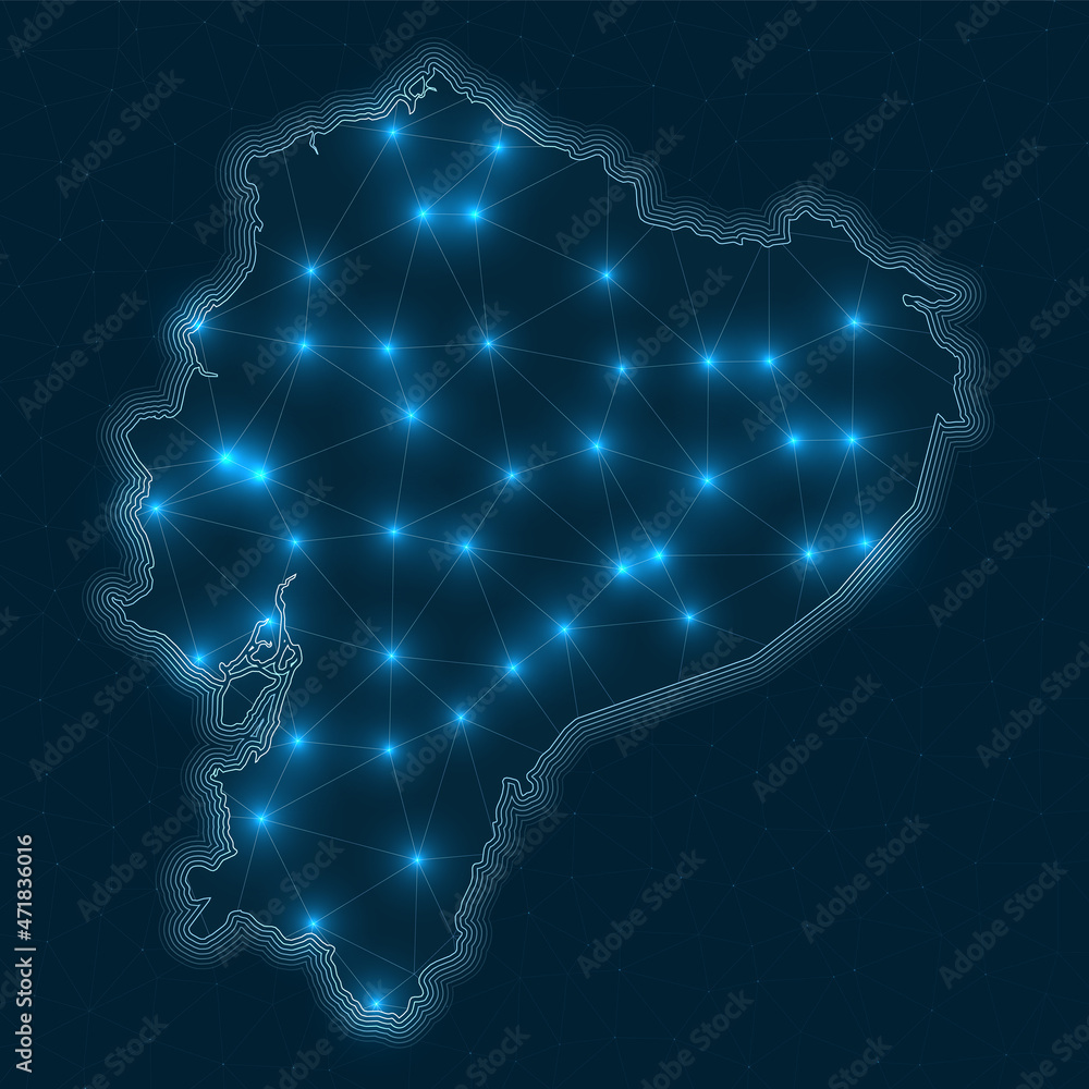 Poster ecuador network map. abstract geometric map of the country. digital connections and telecommunicatio
