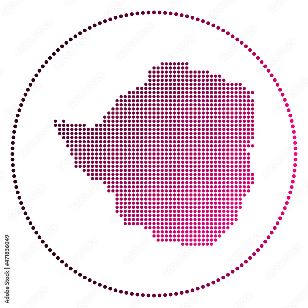 Poster zimbabwe digital badge. dotted style map of zimbabwe in circle. tech icon of the country with gradie
