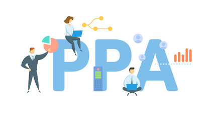 PPA, Power Purchase Agreement. Concept with keyword, people and icons. Flat vector illustration. Isolated on white.