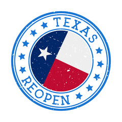 Texas Reopening Stamp. Round badge of US State with flag of Texas. Reopening after lock-down sign. Vector illustration.