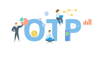 OTP, One Time Password. Concept with keyword, people and icons. Flat vector illustration. Isolated on white.