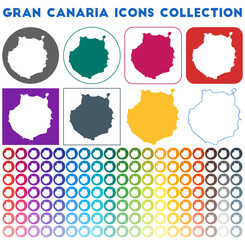 Gran Canaria icons collection. Bright colourful trendy map icons. Modern Gran Canaria badge with island map. Vector illustration.