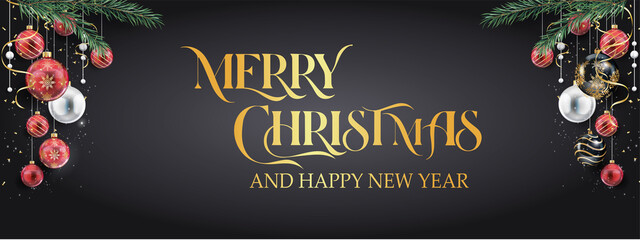 card or banner on a merry christmas and a happy new year in gold on a black and gray gradient background with christmas balls, fir branch on each side