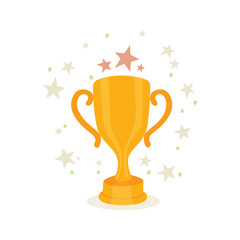 Trophy cup award, stars and confetti. Winner prize concept. Champion trophy abstract drawing. Golden trophy cup cartoon style, hand drawn vector illustration. Part of set.