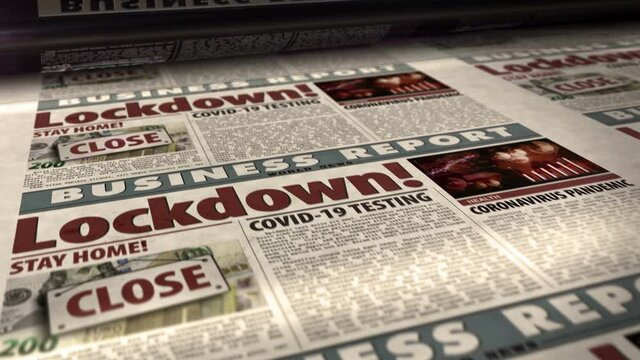 Lockdown COVID-19, closed economy and business crisis in coronavirus pandemic daily newspaper report roll printing. Abstract concept 3d rendering seamless looped animation.