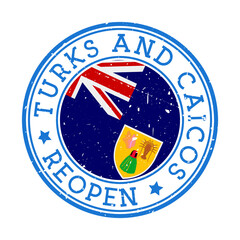 Turks and Caicos reopening stamp. Round badge of country with flag of Turks and Caicos. Reopening after lock-down sign. Vector illustration.