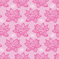 Vector pink rows of lotus flower and lily pads repeat pattern 02. Suitable for textile, gift wrap and wallpaper.