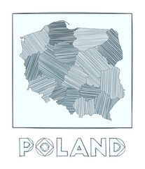 Sketch map of Poland. Grayscale hand drawn map of the country. Filled regions with hachure stripes. Vector illustration.
