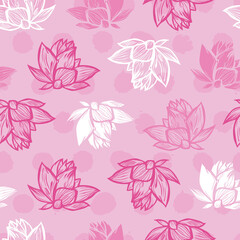 Fototapeta premium Vector pink rows of lotus flower and lily pads repeat pattern 03. Suitable for textile, gift wrap and wallpaper.