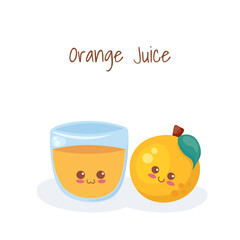 Cute happy Orange Juice in Glass. Vector kawaii fruit drink. Cartoon food illustration isolated on white background. Orange fruit smoothie. Funny citrus drink. Use for card, textile print, kids menu.