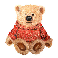Soft toy bear in knitted sweater, isolated on white background, stock illustration painted in gouache and watercolor, for design and decor