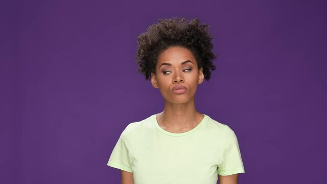 Lady hand get away person avoid talk isolated purple color background
