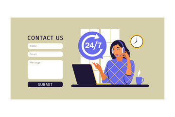 Service 24 7 concept. Call center support. Contact us form for web. Vector illustration. Flat.