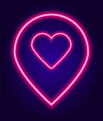 neon location signs are pink with a circle heart. Isolated element glow-in-the-dark pointers on a pink colored map line with a heart inside for a dating site design template