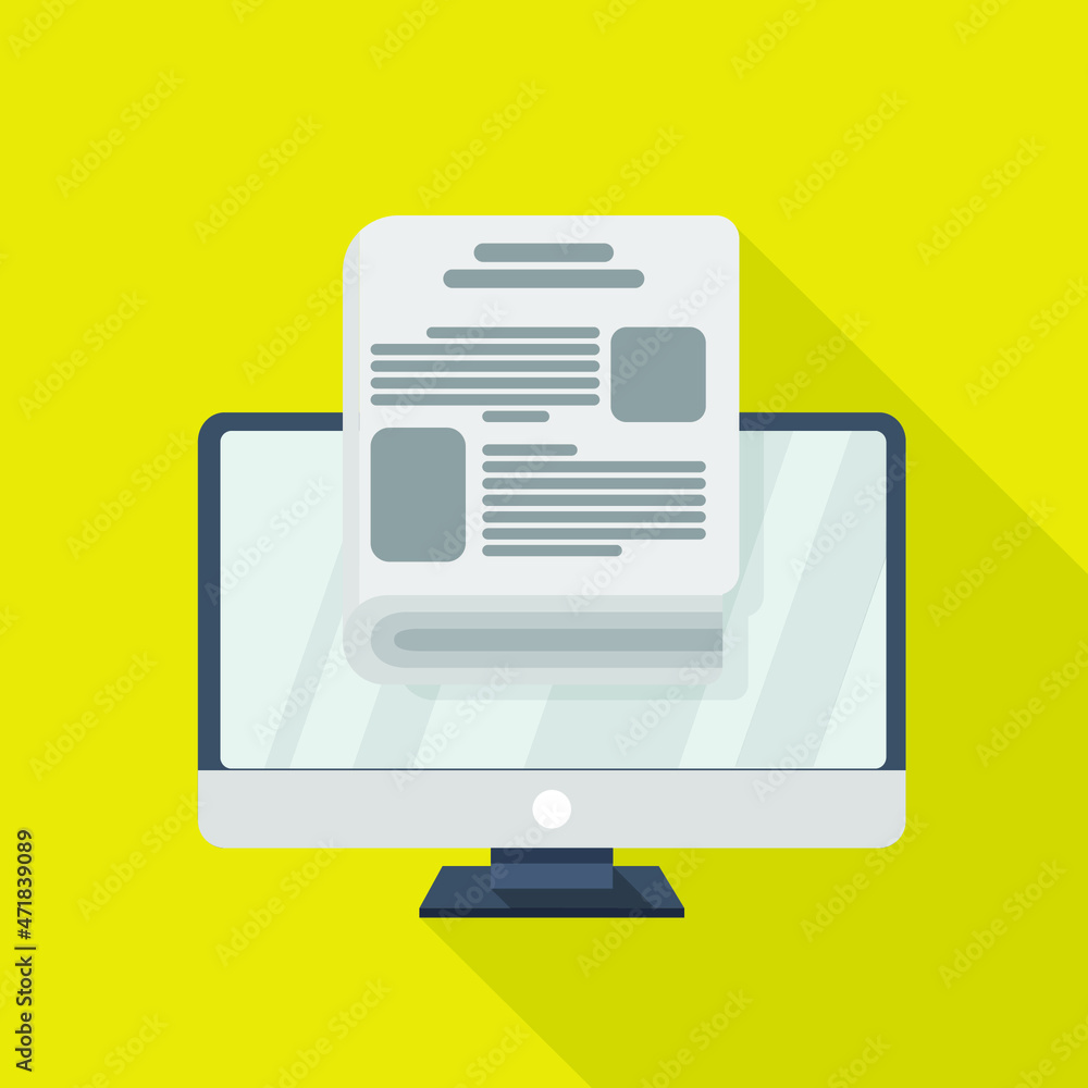 Poster desktop computer in flat style with a newspaper on a yellow background with long shadows. online new