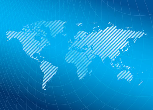 Blue Background With Striped Blue World Map And Distorted Grid - Vector