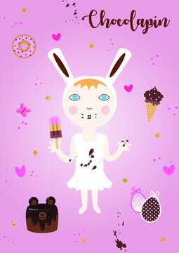 Petite fille déguisée en lapin et qui mange des sucreries pour Pâques